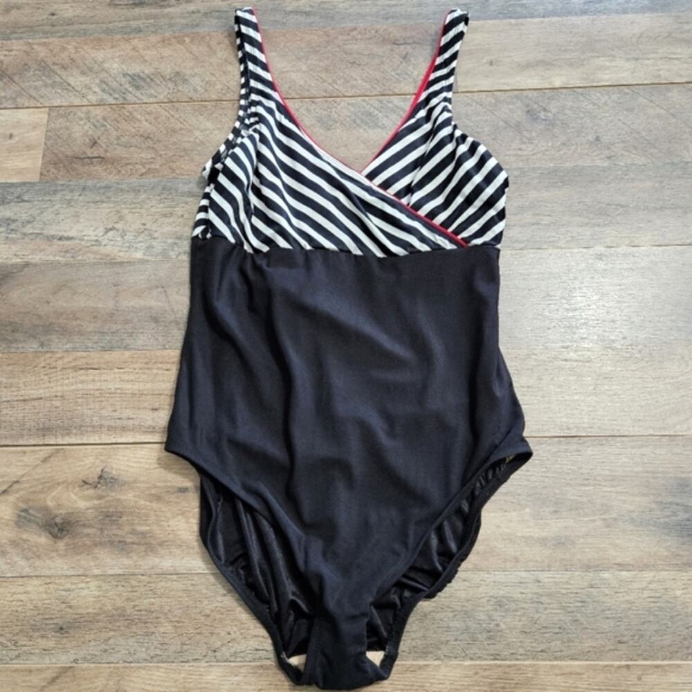 NEW Sirena Women's One-Piece Swimsuit Surplice Neckline Striped Black‎ White 16